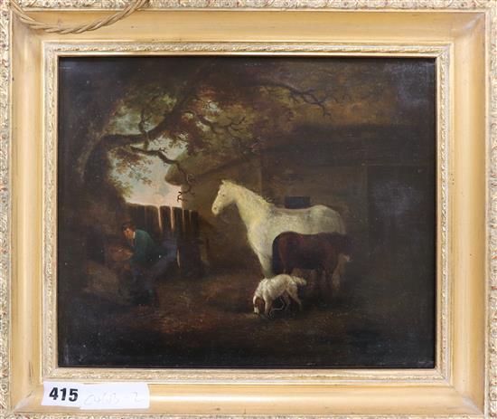 19th century English School, oil on panel, Farmyard scene with horses, dog and labourer, 24 x 29cm
